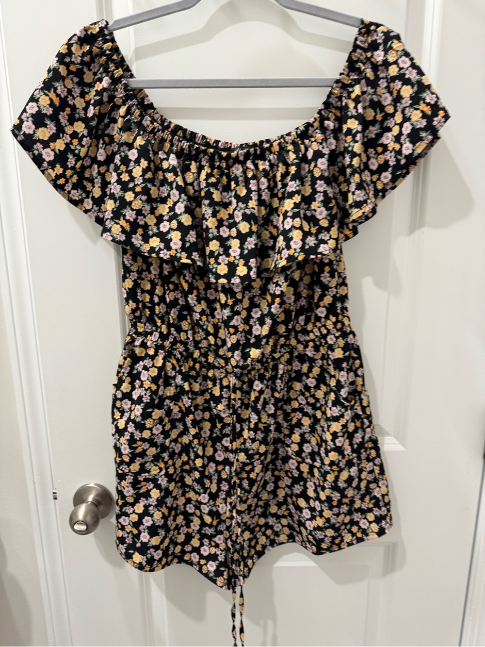 Floral Off-Shoulder Romper in Black with Yellow & Pink Flowers